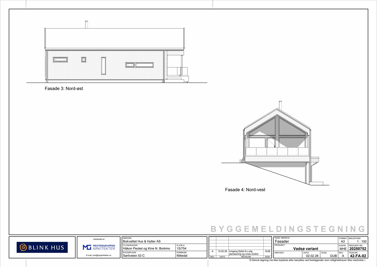 Fasadetegning som viser utsiden av en bygning fra to vinkler (Nord-øst og Nord-vest).