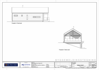 Fasadetegning som viser utsiden av en bygning fra to vinkler (Nord-øst og Nord-vest).
