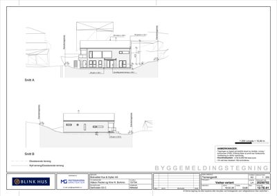 Snittegning (Snitt A og Snitt B) som viser bygningens tverrsnitt, høyder, terrengforhold og konstruksjon.