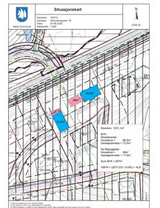 Situasjonskart som viser eiendomsgrenser, bebyggelse og arealoppdelinger for eiendommen Strandengveien 16.