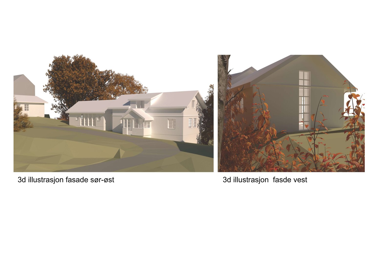 3D-visualisering av en bolig med to fasader (sør-øst og vest) inkludert landskap.