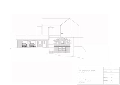 Fasadetegning som viser bygningens utseende sett fra siden, inkludert garasje og vinduer.