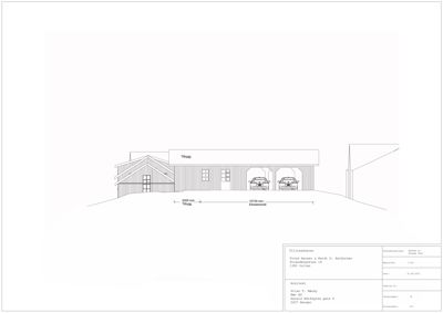 Fasadetegning av en garasje med to biler og en tilhengerplass, sett fra fronten.