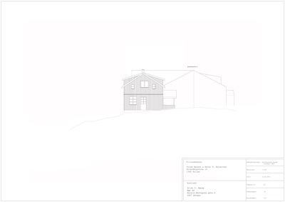 Fasadetegning av en bygning sett fra fronten.