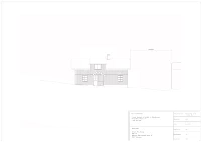 Fasadetegning av en bygning sett fra fronten, med tegning av tak, vinduer og vegger.