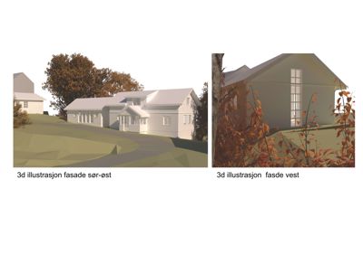 3D-visualisering av en bolig med to fasader (sør-øst og vest) inkludert omgivelser.