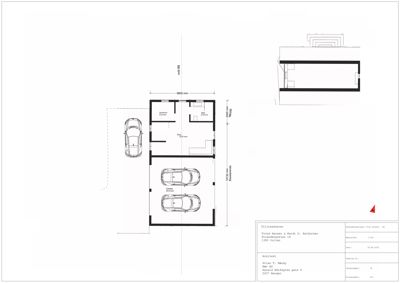Etasjeplan som viser romfordeling, mål og parkeringsplasser.