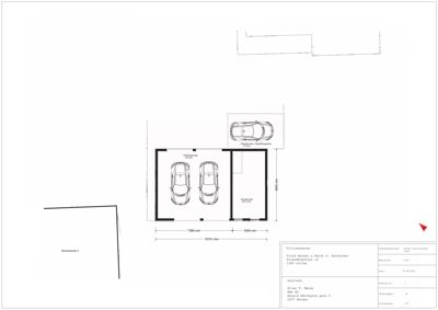 Etasjeplan som viser romfordeling for en garasje med plass til to biler og en bod, samt dimensjoner.