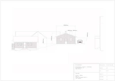 Fasadetegning med mål på en bygning sett fra siden.