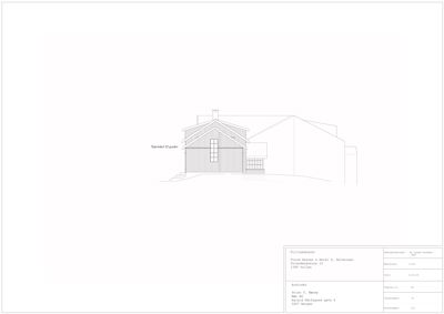 Fasadetegning av en bygning sett fra fronten, med en vinkel på 32 grader.