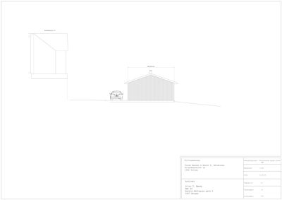Fasadetegning som viser bygningens utseende sett fra siden, inkludert mål og bil.