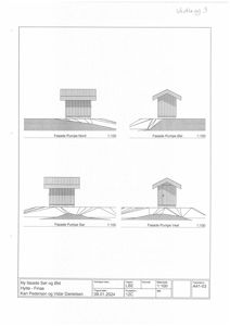 Fasadetegning som viser oppriss av bygningen sett fra fire ulike sider (Nord, Øst, Sør og Vest).