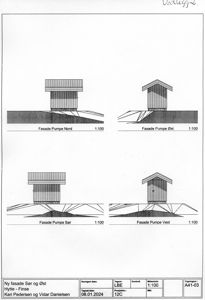 Fasadetegning som viser bygningens utseende fra fire ulike sider (Nord, Øst, Sør og Vest).