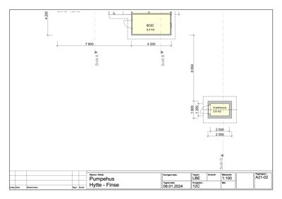 Etasjeplan for et pumpehus og en bod med angitte mål og romareal.