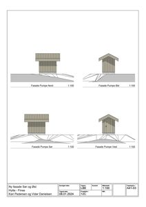 Fasadetegning som viser oppriss av bygningen sett fra fire sider (Nord, Øst, Sør, Vest).