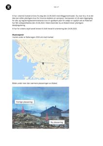 Fotografi av en hytte med markerte plasseringer (forrige og ny) og en kartutsnitt som viser lokalisering.