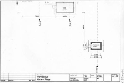 Etasjeplan eller situasjonsplan som viser plassering av to bygninger (BOD og PUMPEHUS) med dimensjoner og snittlinjer.