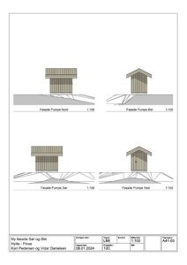 Fasadetegning som viser oppriss av bygningen sett fra fire sider (Nord, Øst, Sør, Vest).