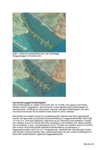 Bildet viser et utsnitt fra en situasjonsplan som illustrerer plasseringen av et nytt bryggeanlegg i forhold til kystlinjen og eksisterende infrastruktur.