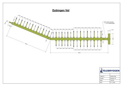 Detaljtegning av en bryggekonstruksjon med dimensjoner og forankringspunkter