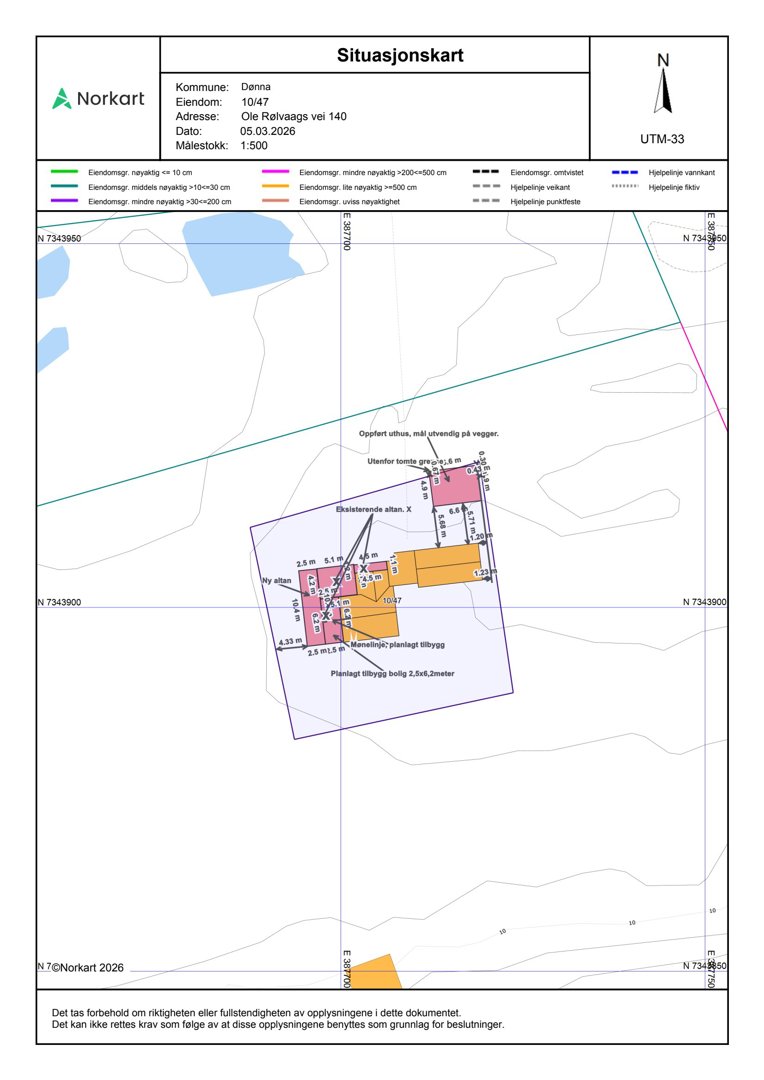 Situasjonskart som viser eiendomsgrenser, bygningsplassering og topografi.