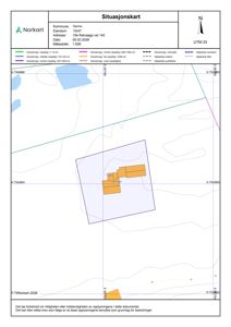 Situasjonskart som viser eiendomsgrenser, topografi og bygningers plassering i forhold til nabolag.
