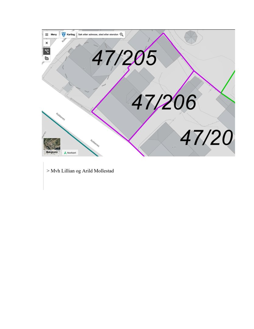 Kartutsnitt som viser eiendomsgrenser (47/205, 47/206) og gater (Kjelsåsveien).