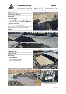 Fotodokumentasjon fra en geoteknisk undersøkelse som viser jordprofiler, feltlogg og funn av forurensning.