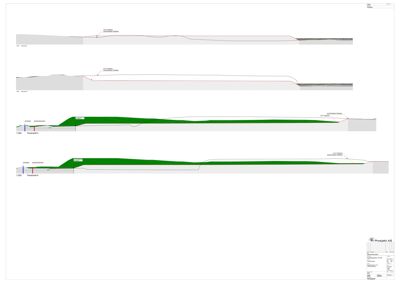 Snittegning som viser terrengprofil og grunnvannsnivå langs to tverrsnitt (Tverrsnitt 3 og 4).