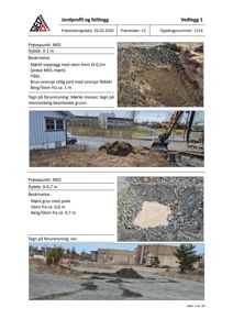 Fotodokumentasjon fra en byggesak som viser jordprofil og feltlogg. Bildene viser graving, utgravd masse og omgivelsene ved prøvetakingsstedene.