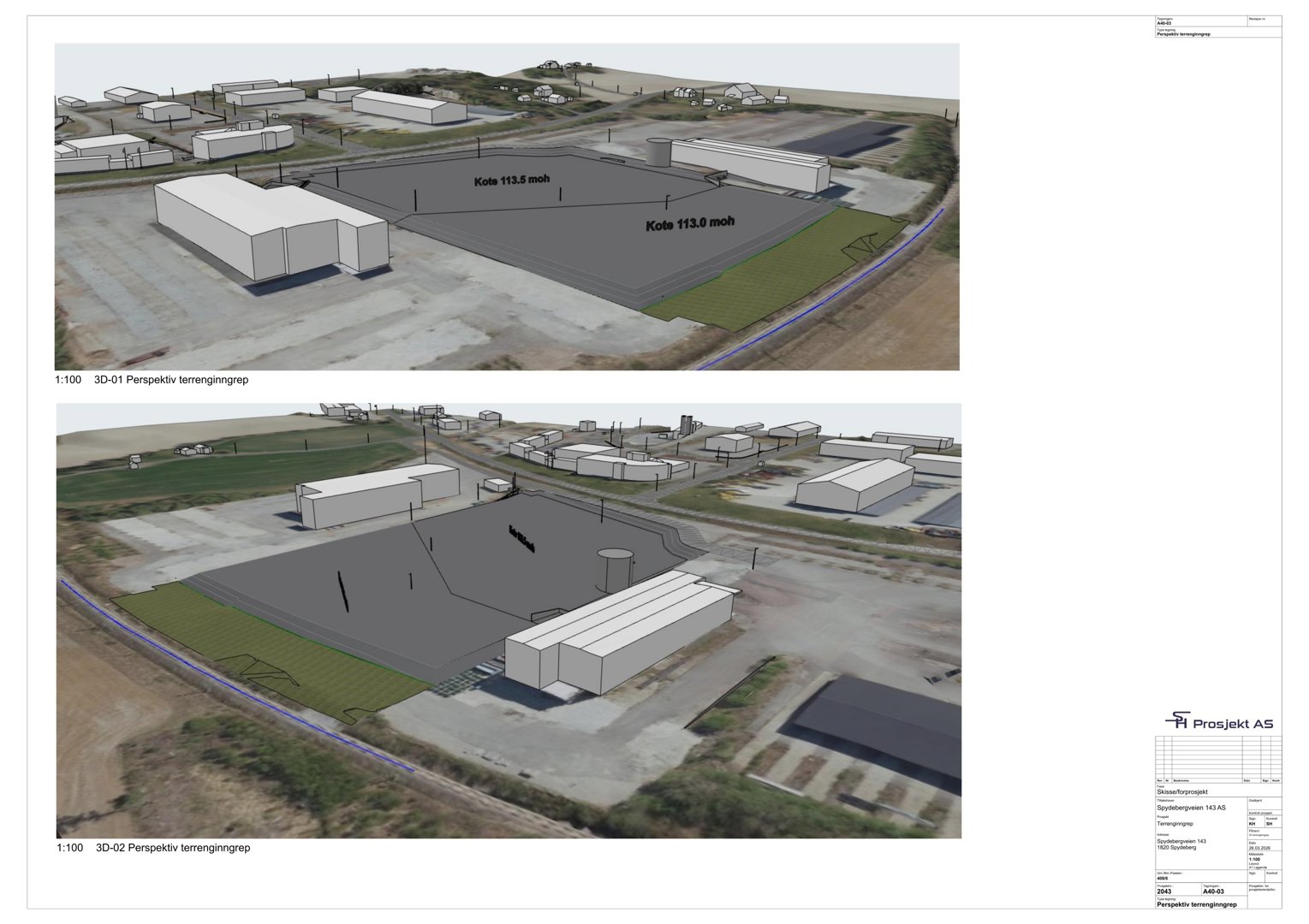 To perspektiviske 3D-visualiseringer (renderinger) som viser et terrenginngrep med bygninger og terrengformet i et industriområde.