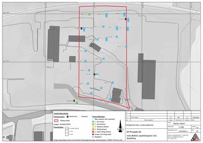 Situasjonsplan som viser en utvalgt del av et område med bygninger (M01-M20), eiendomsgrenser, og en rød omrisset som markerer et spesifikt område (tittelsområde).