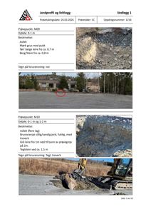 Dokumentasjon fra en byggesak som viser jordprofil og feltlogg. Bildet inneholder fotografier av utgravde prøver (M09 og M10) og en bilde av en graving med maskin.