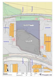 Situasjonsplan som viser terrengsnitt, kotelinjer og arealer for utgravning/fylling.