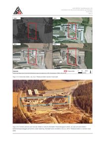 Bildet viser en historisk luftfoto (fra ca. 1973) av tomten sett fra vest mot øst, med et blått rektangel som markerer tiltaksområdet.