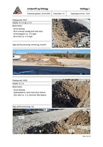 Fotografier av jordprofiler og feltlogg fra en byggesak, med beskrivelser av prøvetaking og forurensning.