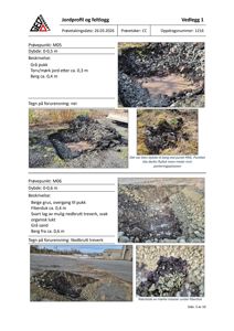 Fotodokumentasjon fra en byggesak som viser jordprofil og feltlogg for to ulike prøvepunkter (M05 og M06).