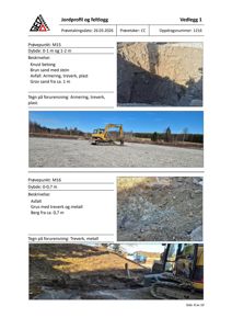 Dokumentasjon av jordprofil og feltlogg med bilder av utgravet jord og maskiner.