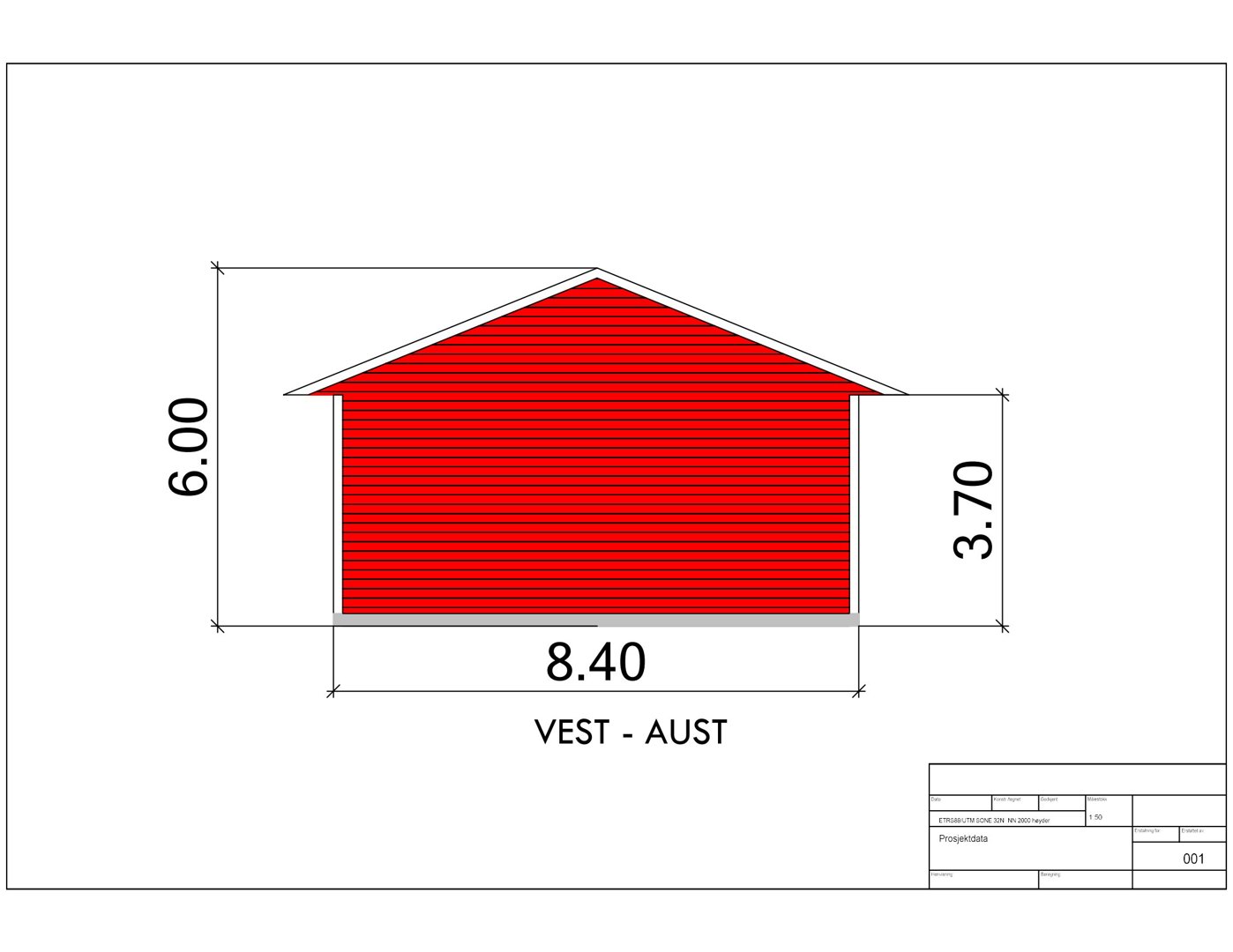 Fasadetegning som viser bygningens utseende sett fra vest mot øst, med mål og fargeindikasjon.