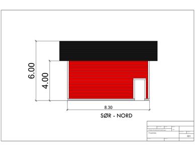 Fasadetegning med oppriss av bygning sett fra sør mot nord, med mål og fargekoding.