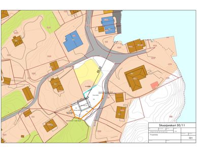 Situasjonskart som viser tomtens plassering i forhold til nabolag, veier og terrengforhold.
