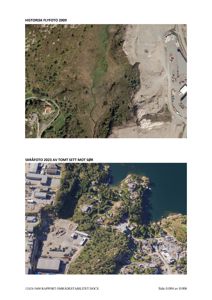 To historiske flyfotografier (fra 2009 og 2023) som viser tomtens utvikling og beliggenhet sett fra luften.