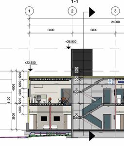 Snittegning (1-1) som viser tverrsnitt gjennom bygningen med romfordeling, trapp, høydemål og konstruksjonsdetaljer.