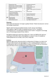 Bildet viser en detalj fra et kommunekart (situasjonsplan) med eiendomsnummer, grenser og en markert plassering for et tiltak. Det er også inkludert tekst om plassering og kvikkleire.