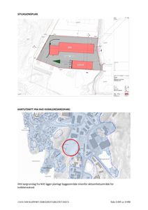 Bildet viser to kart: øverst en situasjonsplan med bygning og tomtegrenser, nederst et kartutsnitt fra kvikkleireskart med markert byggeområde.