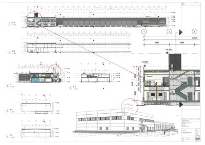 En samling av snittegninger (A-A, B-B, 1-1 osv.) som viser bygningens indre konstruksjon, høyder og romfordeling i tverrsnitt.