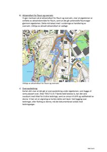 Kart som viser et utklipp av aksemeldingskart for flaum og overvann, inkludert topografi, vassdrag og eiendomsgrenser.