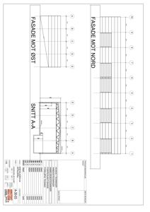 Tegning som viser fasaderetninger (mot nord og øst) med detaljer om vindusoppsett, samt et snitt (A-A) av bygningen.