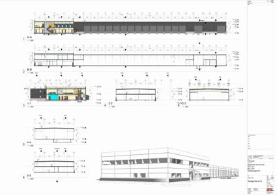 Bildet viser en samling fasadetekninger (opprikk) for en bygning, inkludert hovedfasade og detaljer. Det er også en 3D-visualisering av fasaden i nederste høyre hjørne.