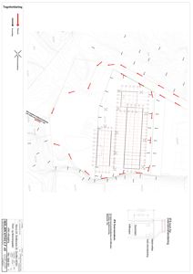 Situasjonsplan som viser tomtens konturer, høydemålerlinjer (konturlinjer), og plassering av bygninger i forhold til terrenget.